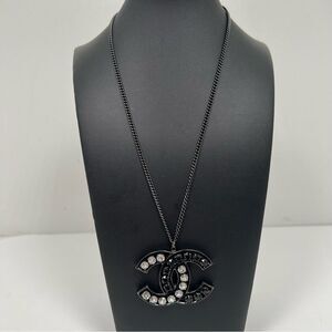 Chanel CC Chain Pendant Necklace Silver Black Rhinestone